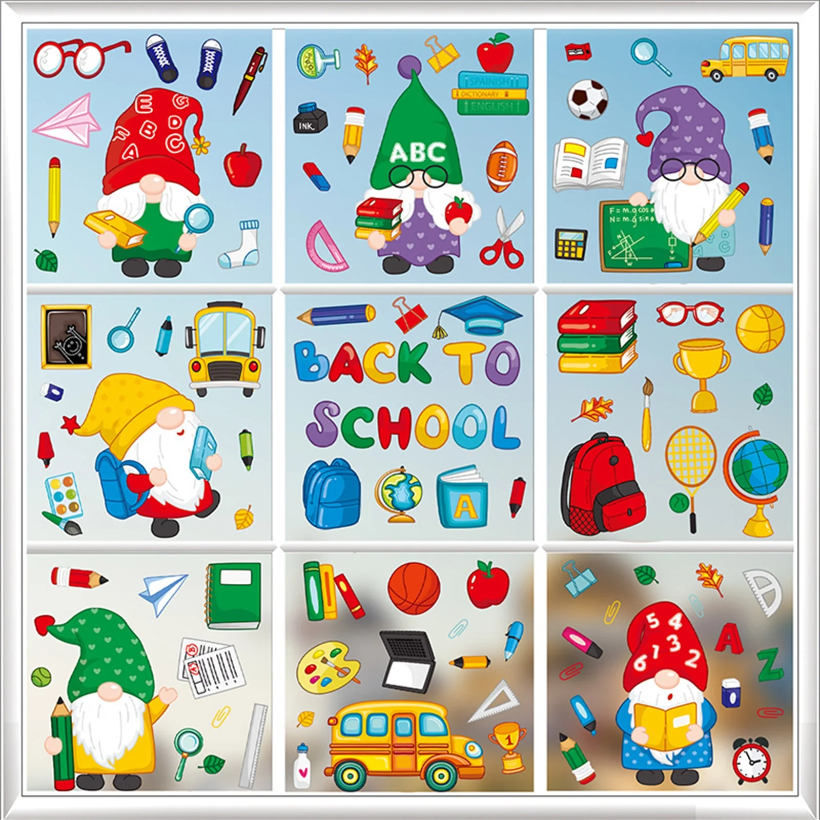 Back to School Static Stickers Cute Gnome Cartoon Window Cling Removable Glass Door Decals for Kids Classroom Decoration