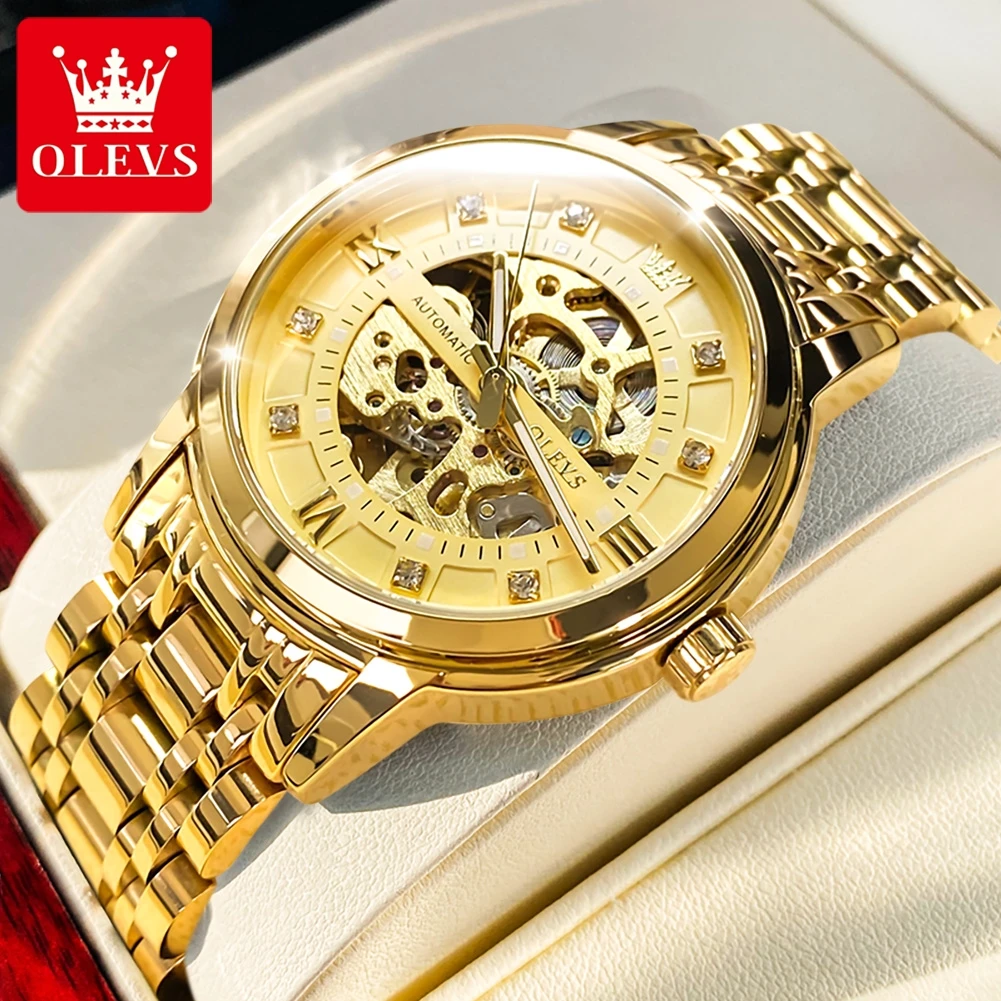 OLEVS Automatic Watch for Men Gold Stainless Steel Skeleton Hollow out Waterproof High Quality Luxury Business Mechanical Watch