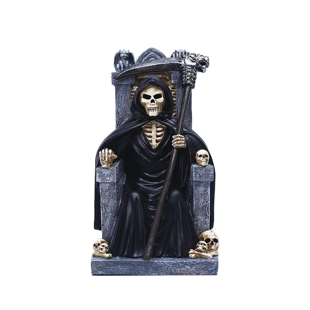 1Pcs Skull Head Throne Resin Decor Halloween Decoration Grim Reaper Sculpture Party Tabletop Ornament Gift Skull Throne Decor