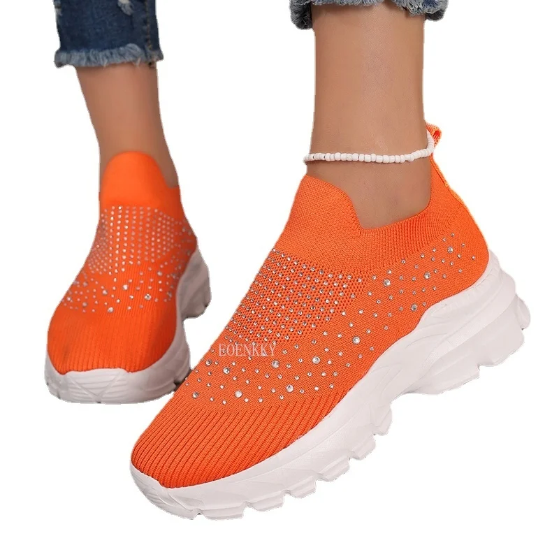 Tênis respiráveis de malha de cristal brilhante para mulheres, calçados esportivos de plataforma, sapatos casuais slip-on, plus size 43, outono, 2023