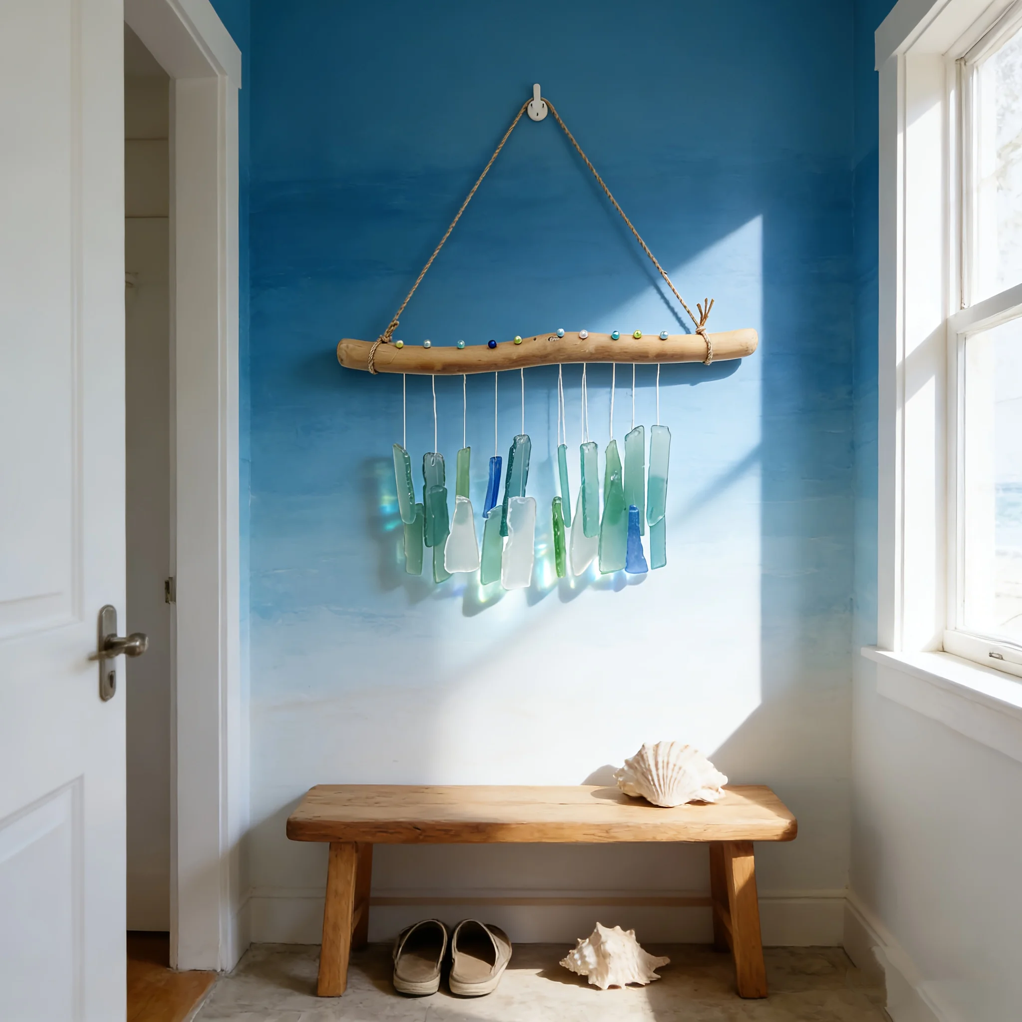 Handmade Sea Glass Driftwood Wind Chime, Coastal Nautical Hanging Decor for Beach Balcony Door Window, Ideal Gift for Women.