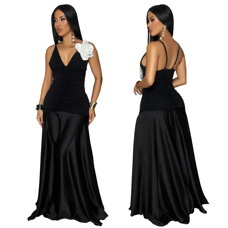 

African Dresses For Women Elegant Dashiki Spaghetti Strap Black Maxi Dress Ladies Traditional Africa Clothing Long Dress