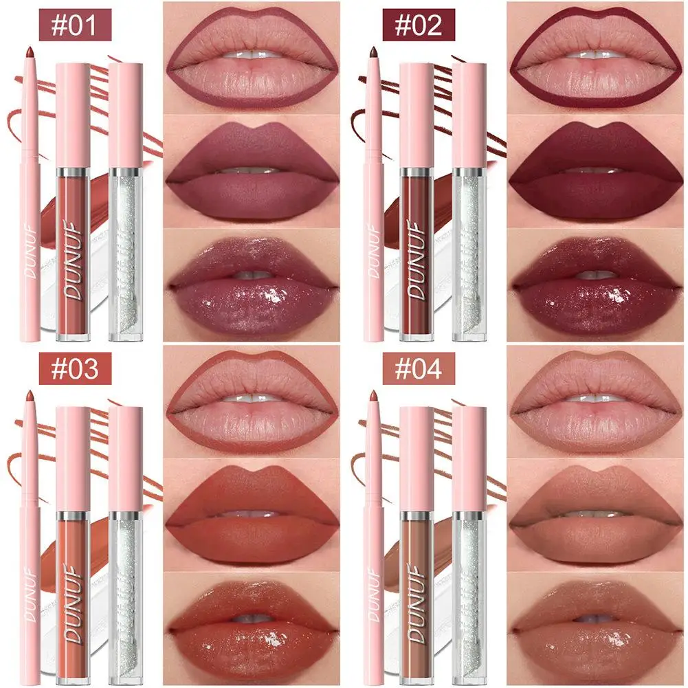 Matowa konturówka do ust 3 w 1 + błyszczyk + olejek do ust do makijażu, długa szminka Nude Lasting Highly Tint Pigmented Cup Velvet Non-stick S D9h2