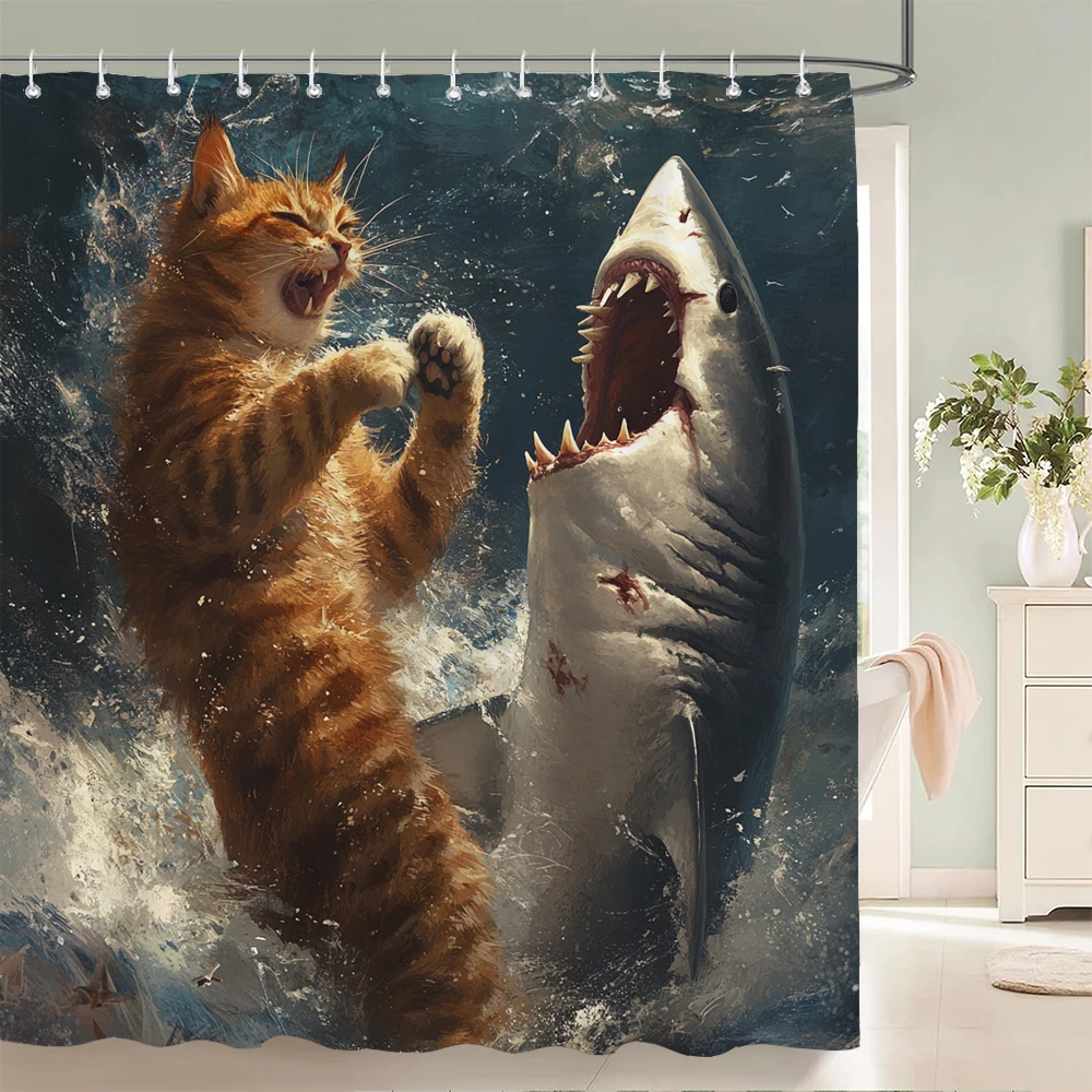

Funny and Creative Shark and Cat Animal Patterns Shower Curtain Bathroom Bath Curtain Home Decoration Curtain With Hooks
