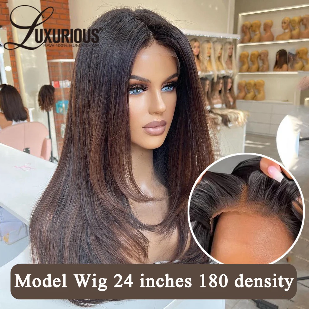 Ombre Brown Color 13x4 Lace Front Layered Wig Remy Brazilian Human Hair Pre Cut Straight Natural Black Frontal Wigs Pre Plucked