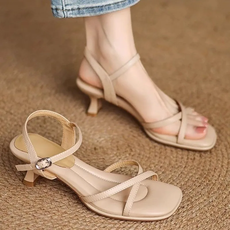 2025 Women High Quality Leather Sandals Square Toe Thick Mid Heels Buckle Narrow Band Ladies Fashion Concise Casual Shoes Summer
