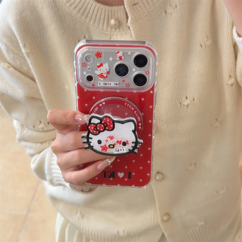 

Korean Star Hellokitty Magnetic Phone Case for iPhone 17 Pro 16 13 14 16 Pro Max Funda With Magsafe Shake Stand Shockproof Cases