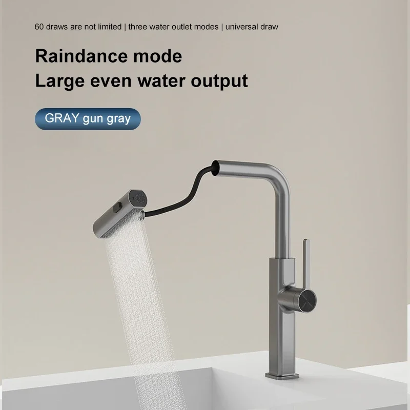 Rotating Waterfall Faucet Digital Display Pull Three-mode Water Outlet Tap Kitchen Sink Bar Bathroom Multifunctional Faucet