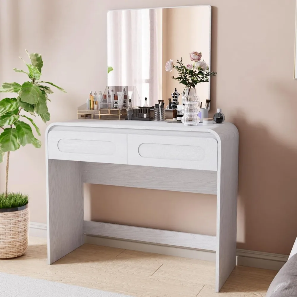 

Vanity Desk with 2 Drawers, Makeup Vanity Desk with Storage Desktop Space, Modern Makeup Vanity Dressing Table with Curved Profi