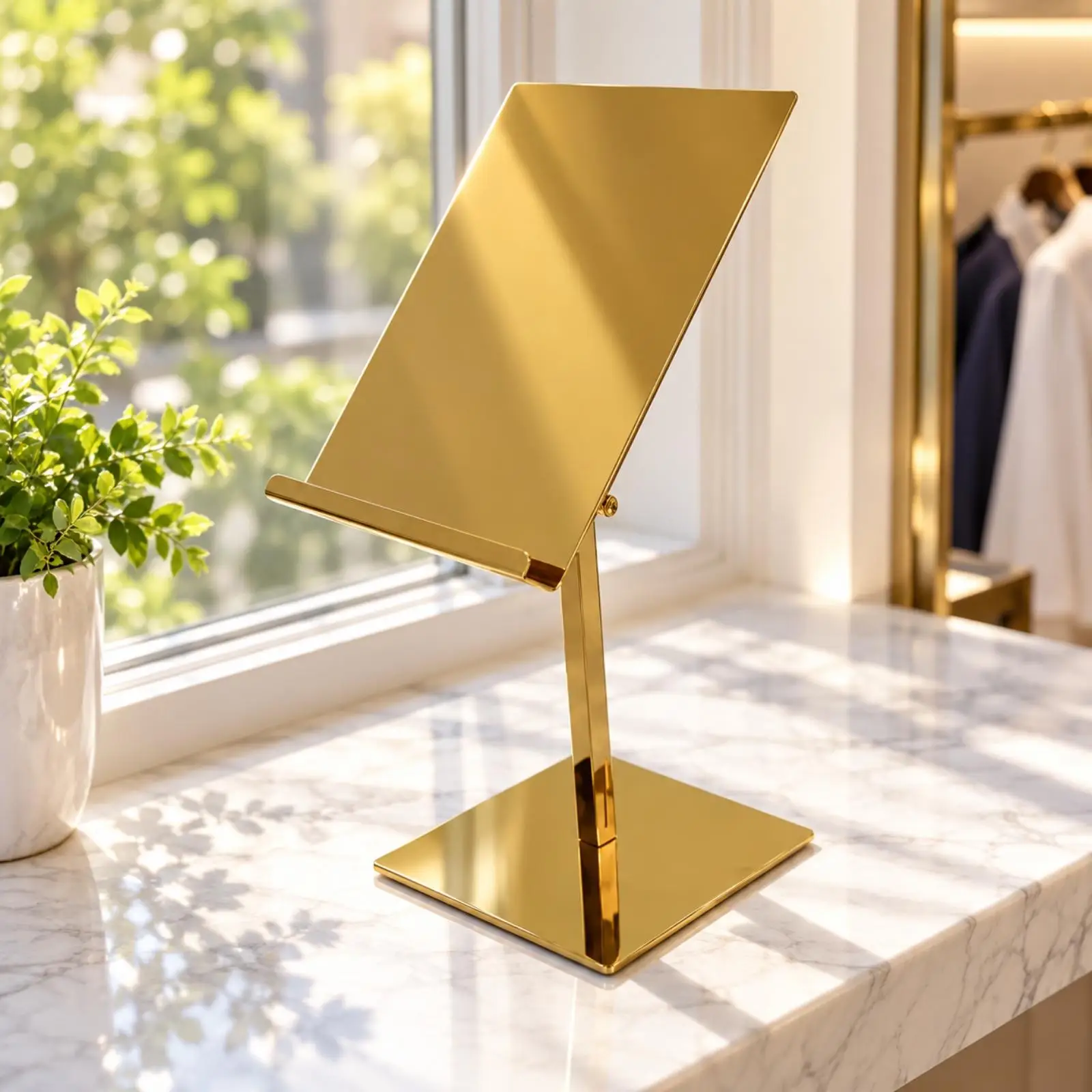 Folded Shirt Display Stand with Retaining Tabs Mirror Finish Stainless Steel Shirt Display Stand Stable Base Sturdy