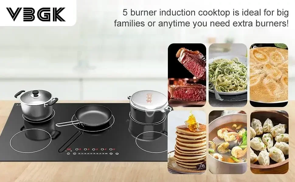 VBGK Induction Cooktop, with 5 Burners Desktop Built-in Cooktop, 7400W 240V Induction Stovetop 9 Power,Levels Sensor