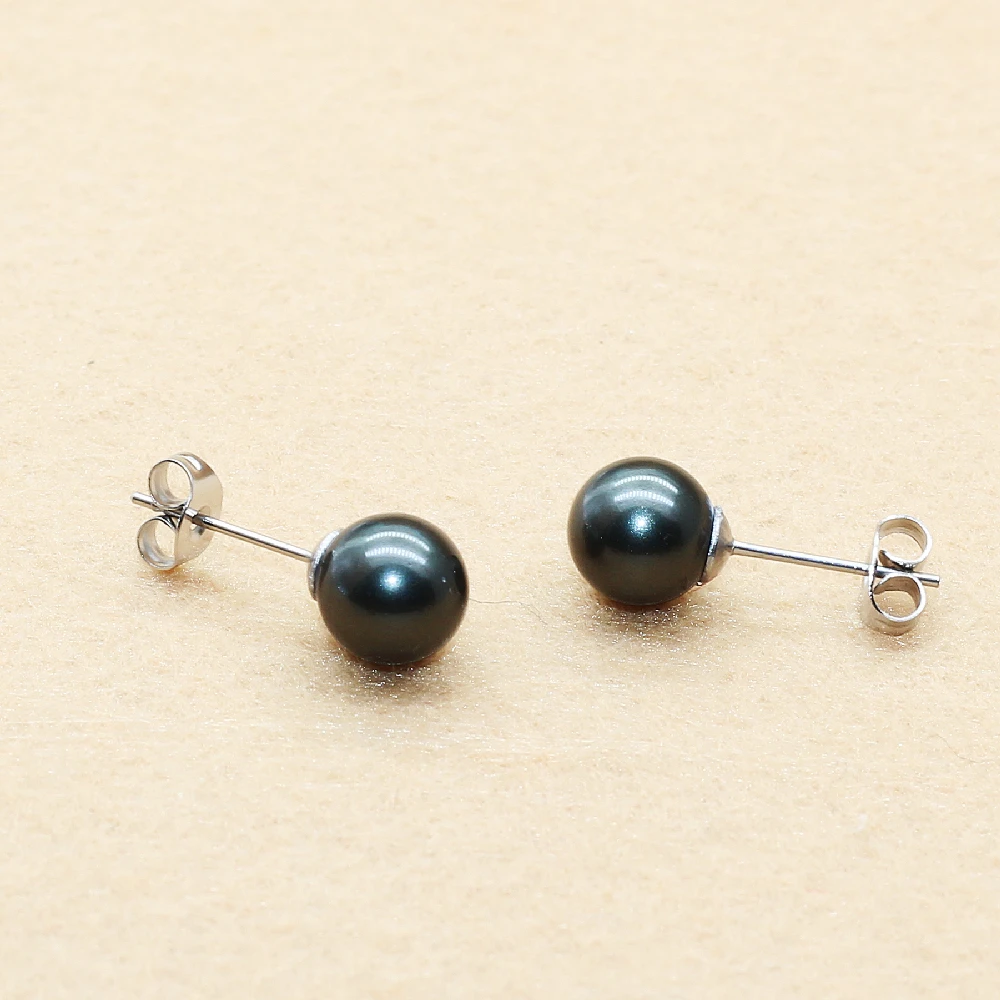 Brief Style Stainless Steel With Nature Shell Beads Black Color Pearls Push-back Stud Earrings 4/6/8/10mm No Fade Allergy Free