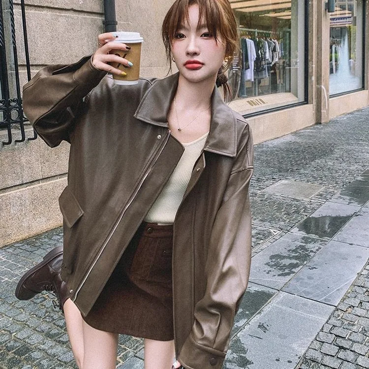 Giacca da donna streetwear retrò allentata corta in ecopelle Pu primavera autunno cappotto con cerniera femminile capispalla da motociclista vintage