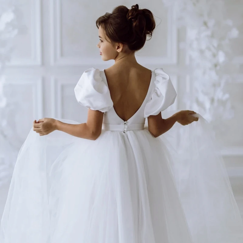 Vestido blanco de flores con cuello en V para niña, vestidos de boda de tul con mangas cortas hinchadas, fiesta de cumpleaños para niños, vestidos de primera comunión de princesa