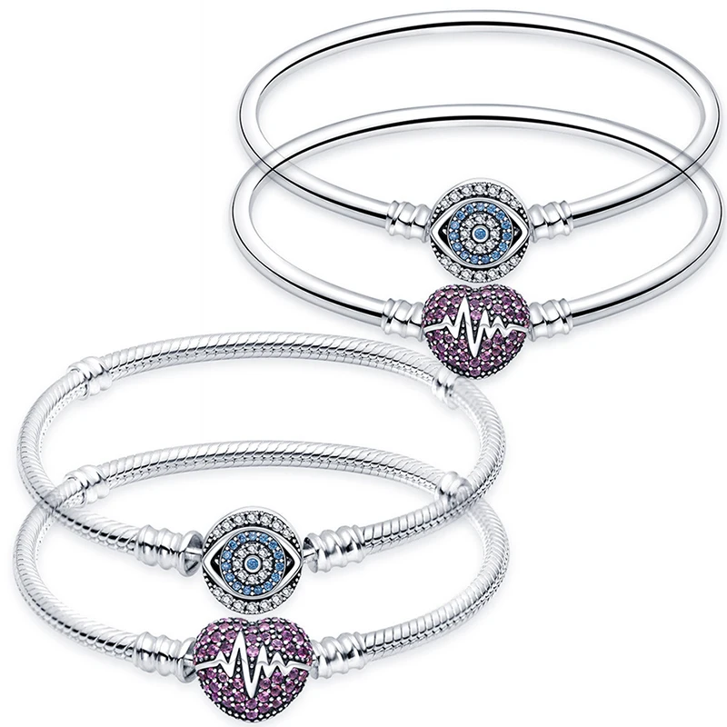 

Bracelet 925 Sterling Silver Original 17-20CM Zircon Heart-Shaped Bracelet With Evil Eye Wear DIY Charms Beads Fine Jewelry Gift