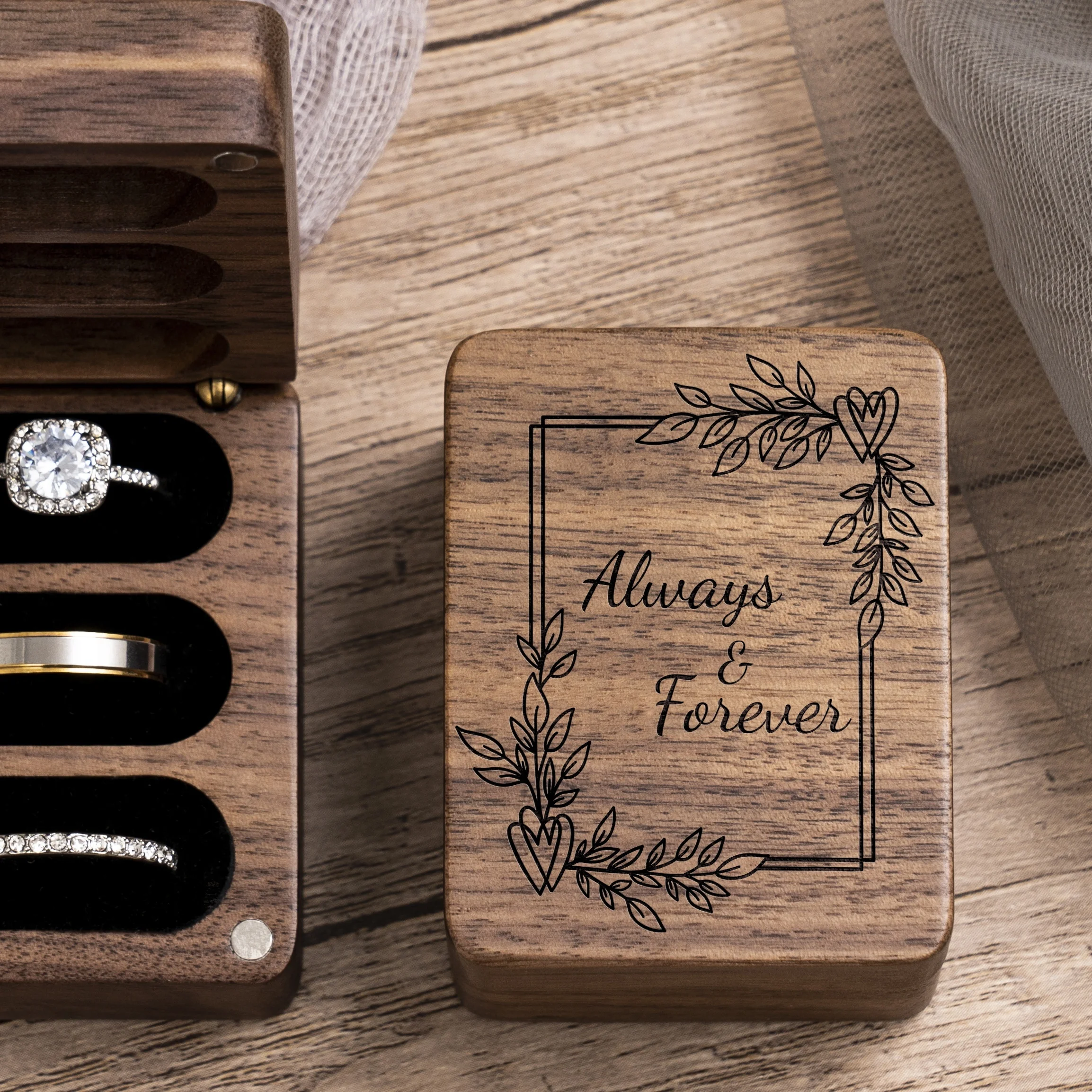 

Шкатулка для колец Always Forever на 3 слота, держатель для обручальных колец, подарок на День святого Валентина, день рождения, годовщину, из орехового дерева