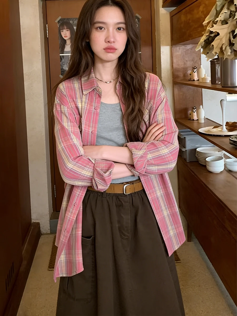 

Classic Loose Plaid Shirt Korean Style Spring Summer New Women's Fashionable Versatile Button up Long Sleeve Breathable Skin-...