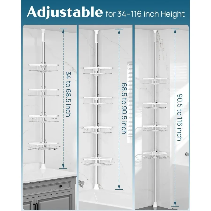 Нержавеющий угловой органайзер для душевой кабины, 4 регулируемые полки, натяжной столб, высота 34-116 дюймов для хранения в ванной комнате