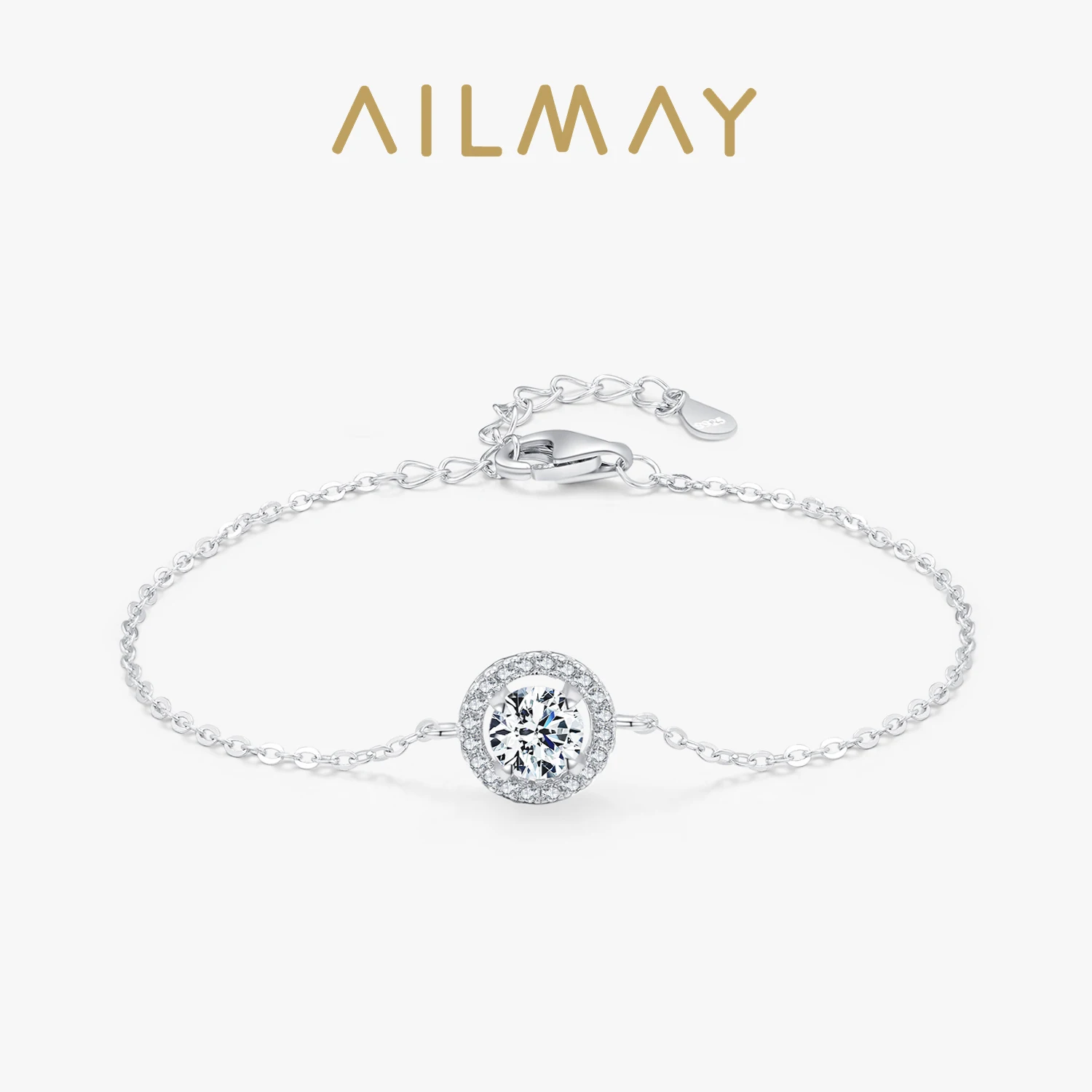 Ailmay 925 Sterling Silver Fashion 1Ct Round Sparkling CZ Link Chain Charm bracciale per le donne Wedding Statement gioielleria raffinata