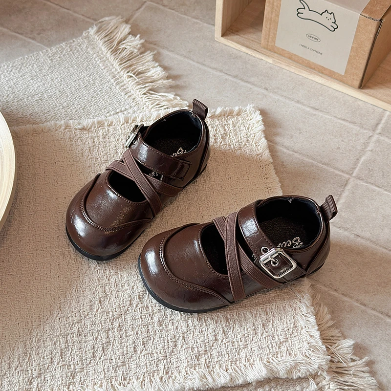 New Children Leather Shoes for Wine Red Black Elegant Girls Mary Janes Flat Bottom Hook-loop Campus Style Comfy Kids Shoes 21-36