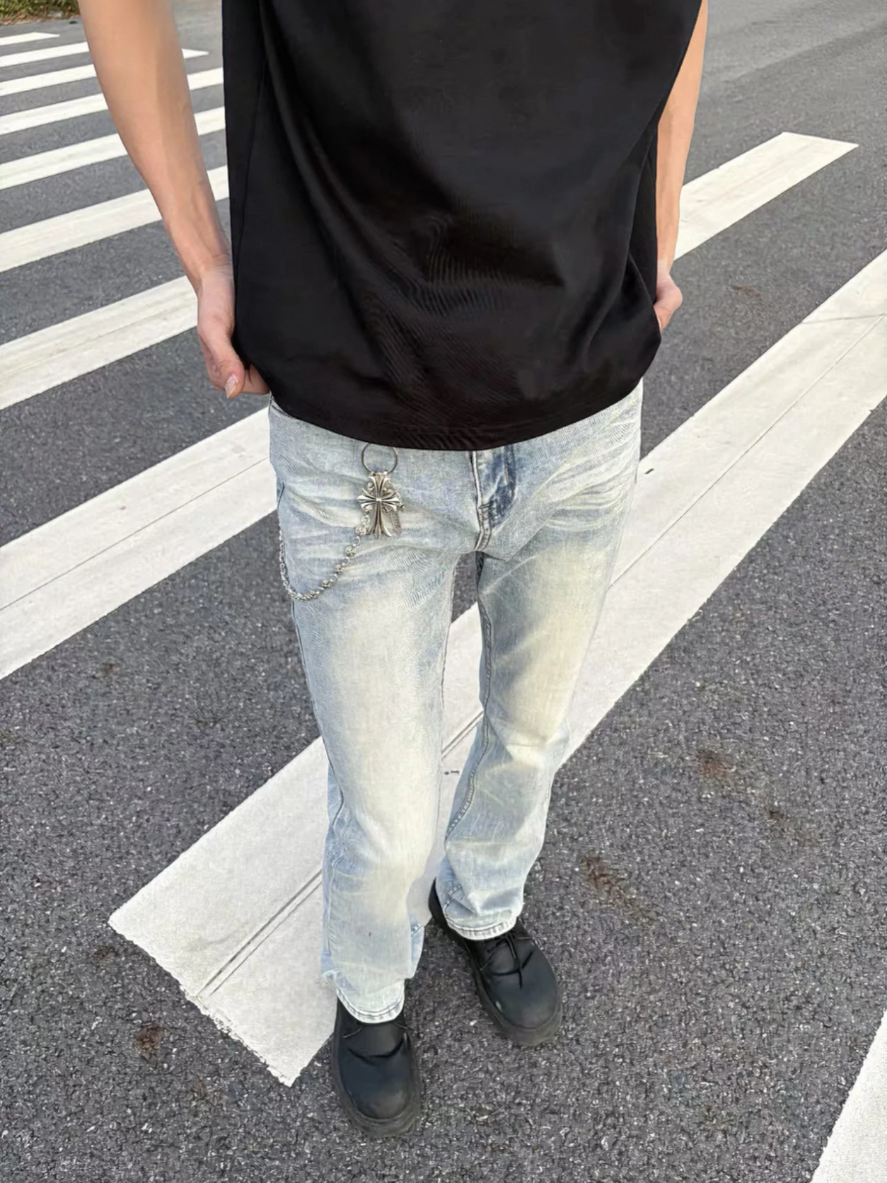 Cleanfit American Retro Washed Ice Blue Lightning Pattern Flared 517 Vintage Casual Versatile Men's Jeans Wear Resistant