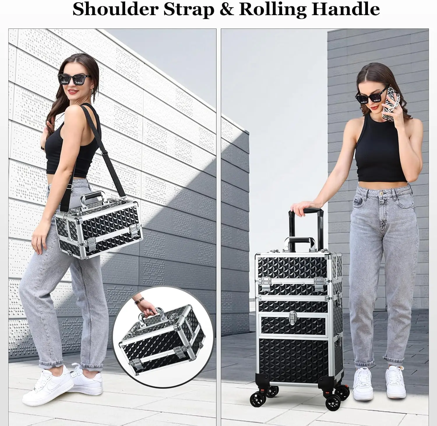حقيبة مكياج كبيرة دوارة مع مقصورات قابلة للتعديل ودرج قابل للفصل وعجلات فرامل القدم للمنظمين المحترفين