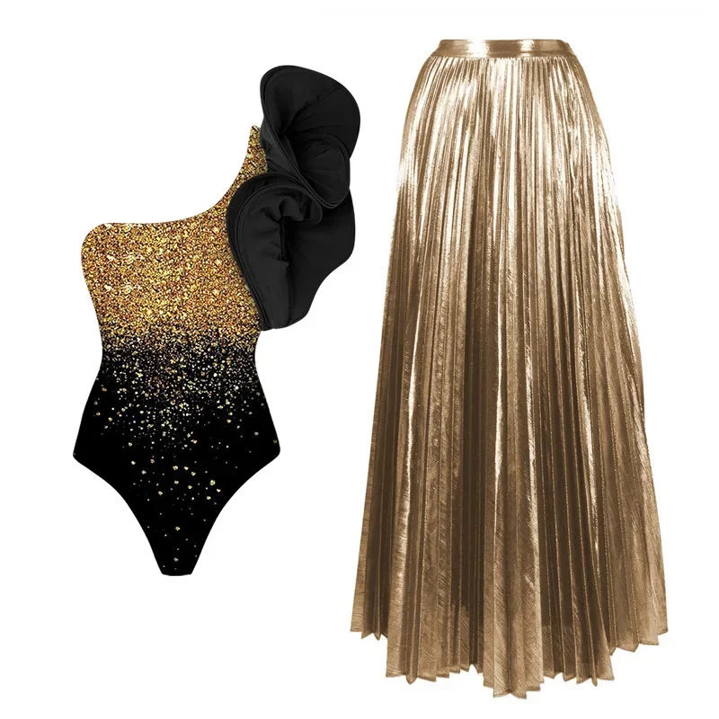 2025 Gold Glossy One Piece Swimsuit and Skirt for Women One Shoulder 3D Flower Swimwear Female Shiny Monokini Beach Bathing Suit