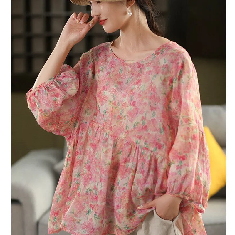 Women 100% Ramie Floral Blouse 2026 Autumn New Round Neck Lantern Sleeve Babydoll Top Casual Loose Print Sun Protection Shirt