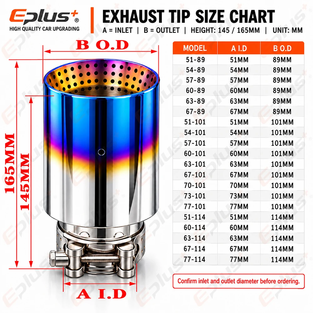 EPLUS Bevel Dilayer Perforate Car Muffler Tail Universal Burnt Blue Stainless Steel Exhaust Pipe Mufflers Tailpipe Nozzle