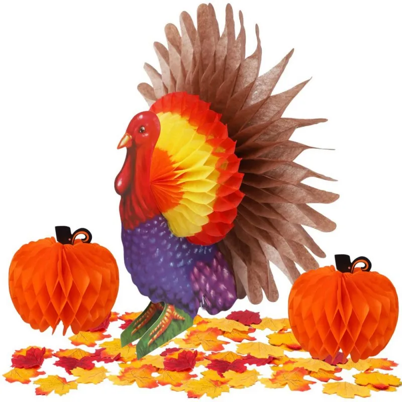 Thanksgiving Tissue Turkey Decorations Pumpkin Centerpiece Table Decoration with Artificial Maple Leaves for Harvest Party