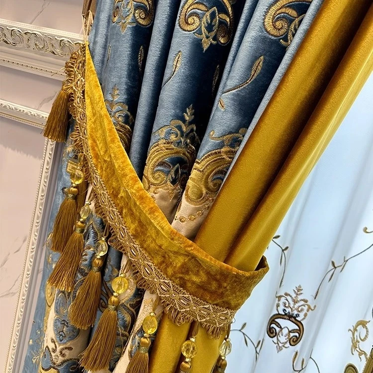 Custom shading new style bay window bedroom French European blue velvet cloth blackout curtain tulle valance drape C2147