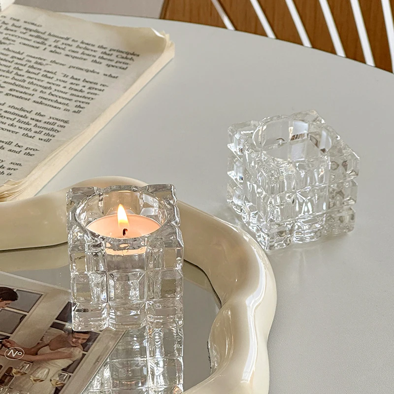 INS transparent crystal glass ice candlestick, European style retro dining table decoration, romantic candlelight dinner decorat