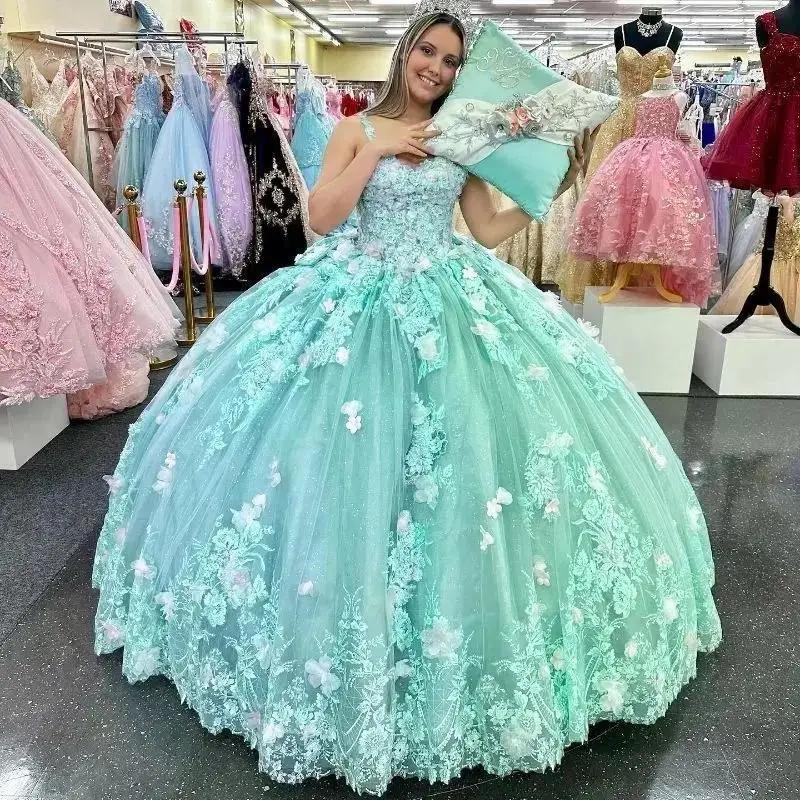 Customized Mint Green Princess Quinceanera Dresses Ball Gown Spaghetti Straps Bow Tulle Lace Sweet 16 Dresses 15 Años Mexican