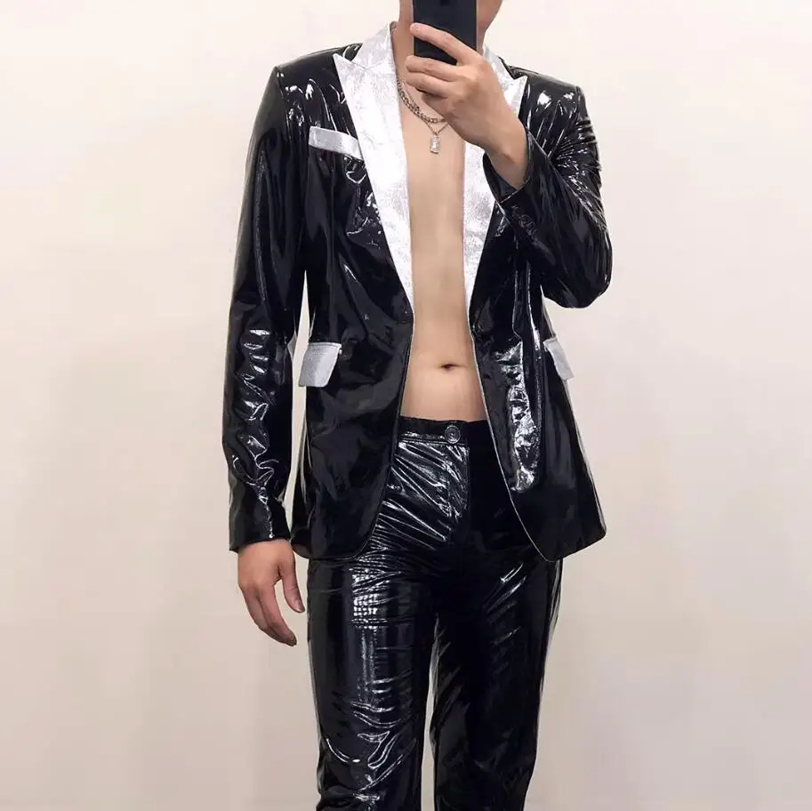 Men's Fashion Black Mirror Bright Patent Leather Silver Splicing Collar Blazers Coats Nightclub Spring Male Singer Slim Jackets
