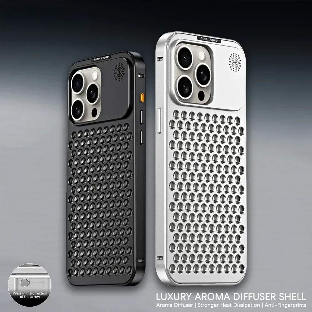 

For iPhone 14 15 16 13 12 Pro Max Aluminium Metal Aromatherapy Phone Case Hollow Heat Dissipation Shockproof Bumper Cover