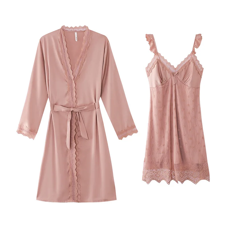 Satin Wedding Sleepwear Lace Patchwork Two Pieces Robe Set Sexy Female Bathrobe Nightgown Casual Rayon Home Dress Lounge Wear