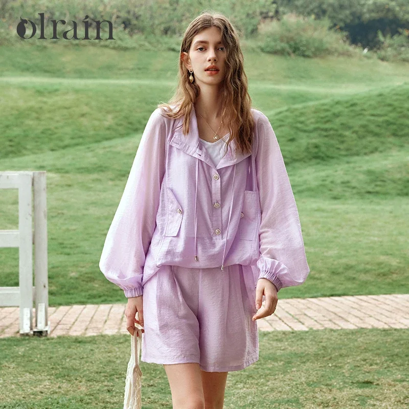 OLrain 2026 Fall New Women Pink‑purple Ice Silk Sun Protection Shirt Lightweight Casual Long Sleeve Blouse Outerwear O24XW90932