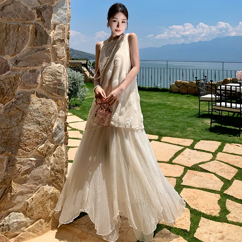 

Heavy Embroidery Floral Vest Asymmetrical Design Flowing Silk Slim Fit Skirt Two Piece Set Women's Summer Casual Ele Sle