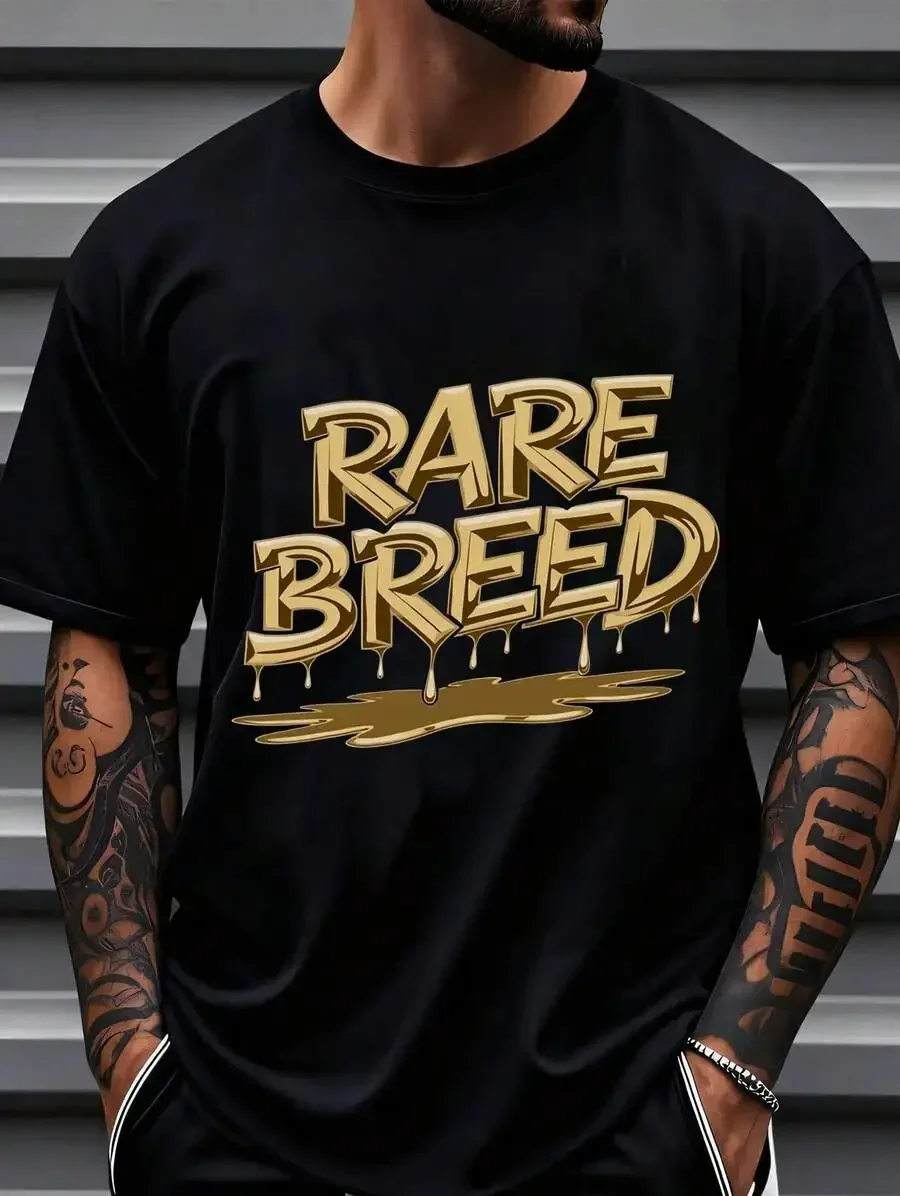 [Loose Fit Shirt] Men's Black Rare Breed Print T-Shirt - Graphic Loose Fit Short Sleeve Shirt, Breathable Casual Summer Streetwe