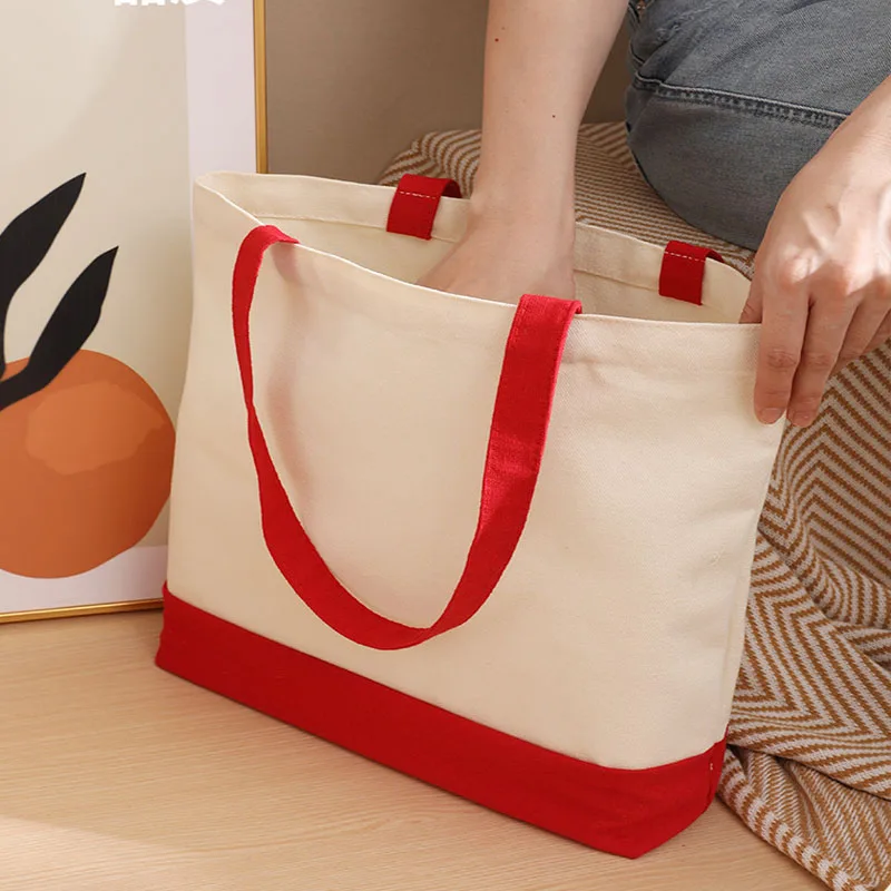 

DIY Canvas Bag Portable Shoulder Handbags Food Shopping Bag Bottom Splicing Thick Eco-Friendly Foldable Bag