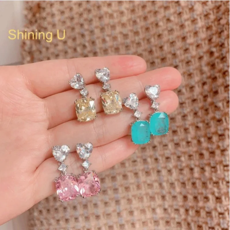 Shining U 10*12mm Yellow Pink Gems Dangle Earrings for Women Fashion Jewelry Party Summer