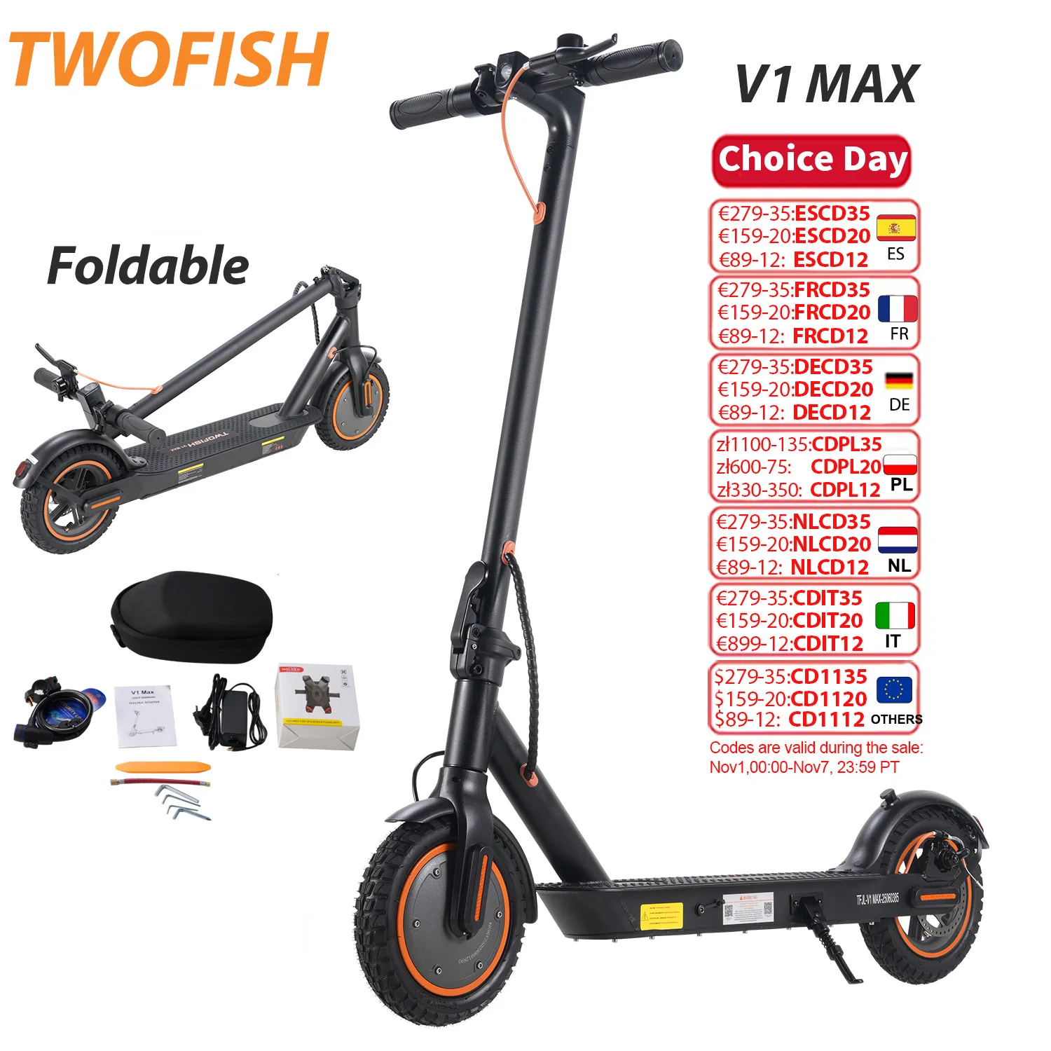 TWOFISH Electric Scooter 400W Power Motor 25 KM Max Range 32 Km/h Speed 120kg Load 10 Inch Pneumatic Tire Disc Brake E-scooter