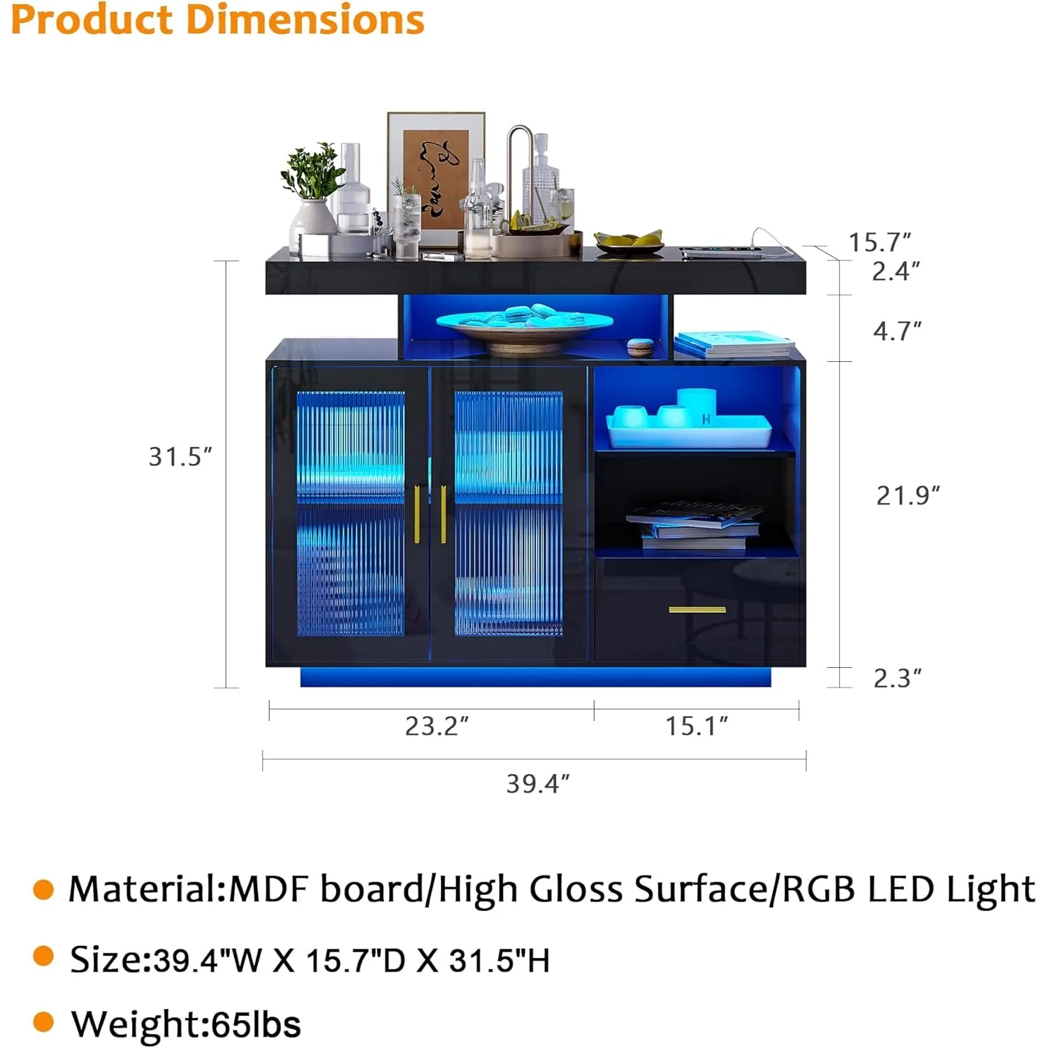 LED Sideboard Buffet Cabinet with Storage, Modern Coffee Bar Cabinet with Charging Station with Auto Sensor 24-Color Lights