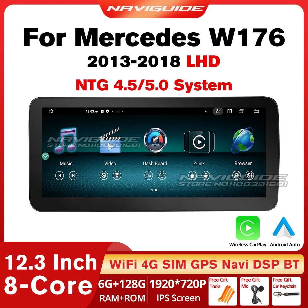 

NAVIGUIDE 12.3 Inch 4+128G Carplay Android 12.0 Car Radio For Mercedes-benz A CLA GLA W176 W117 X156 GPS Navi WIFI SIM BT 8 Core