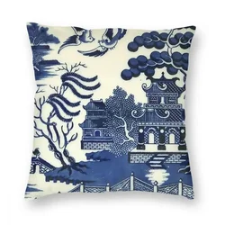 Antique Willow Ware Oriental Toile Throw Pillow Cover Polyester Throw Pillow Blue Delft Vintage Pillowcase