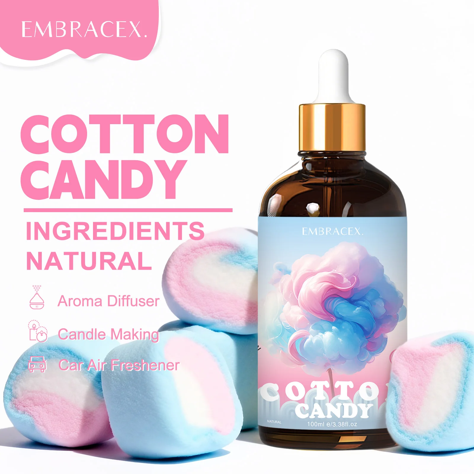 Aceite aromático de 100 ml con fragancia a algodón de azúcar para difusor, ambientador para el hogar, aroma duradero para el dormitorio y la sala de estar.