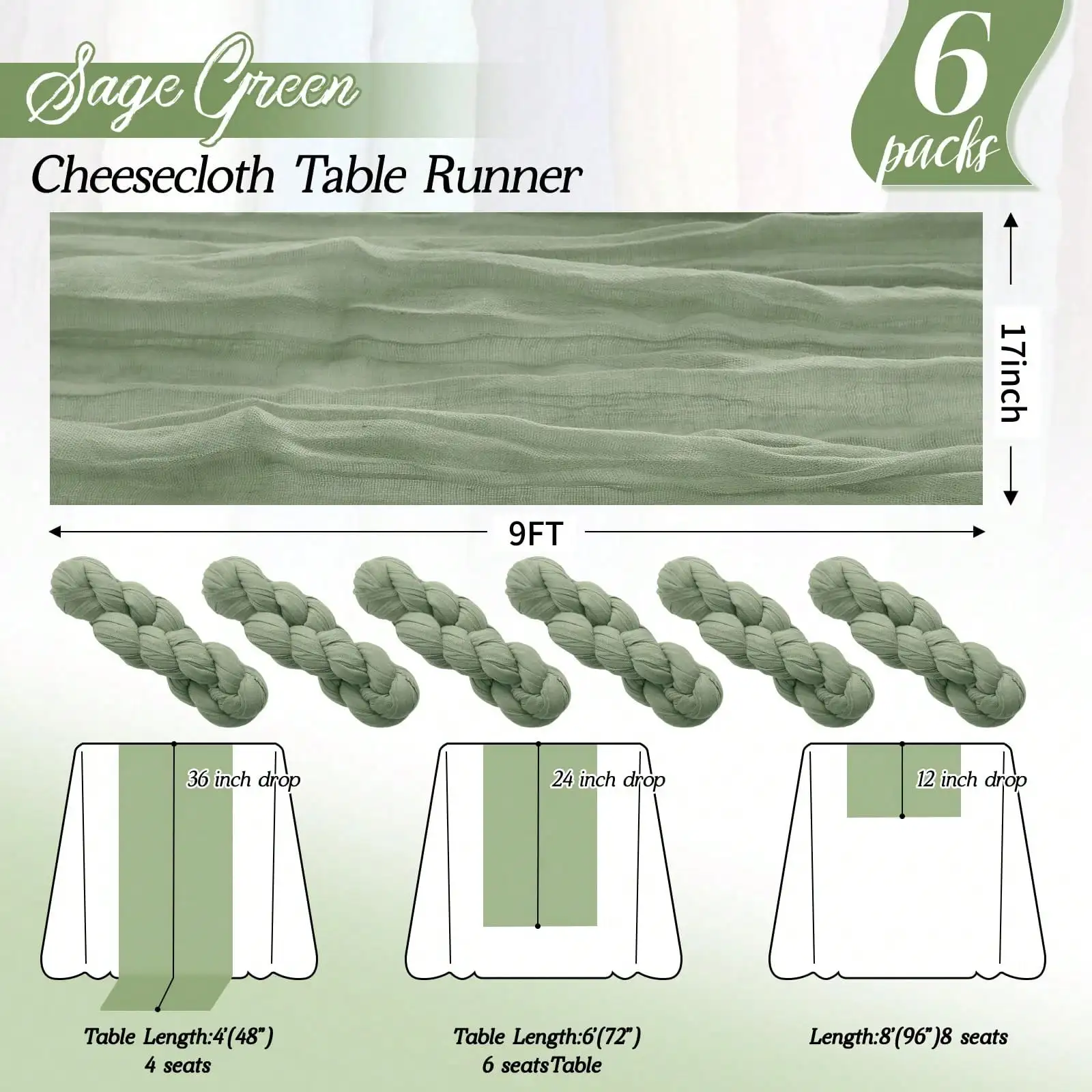 3/6/12Pack Sage Green Cheesecloth Table Runner 17x108Inch Spring Easter Cheese Cloth Table Runner 9FT Boho Gauze Table Runners Rustic Sheer Table Runners For Wedding Bridal Party Decor