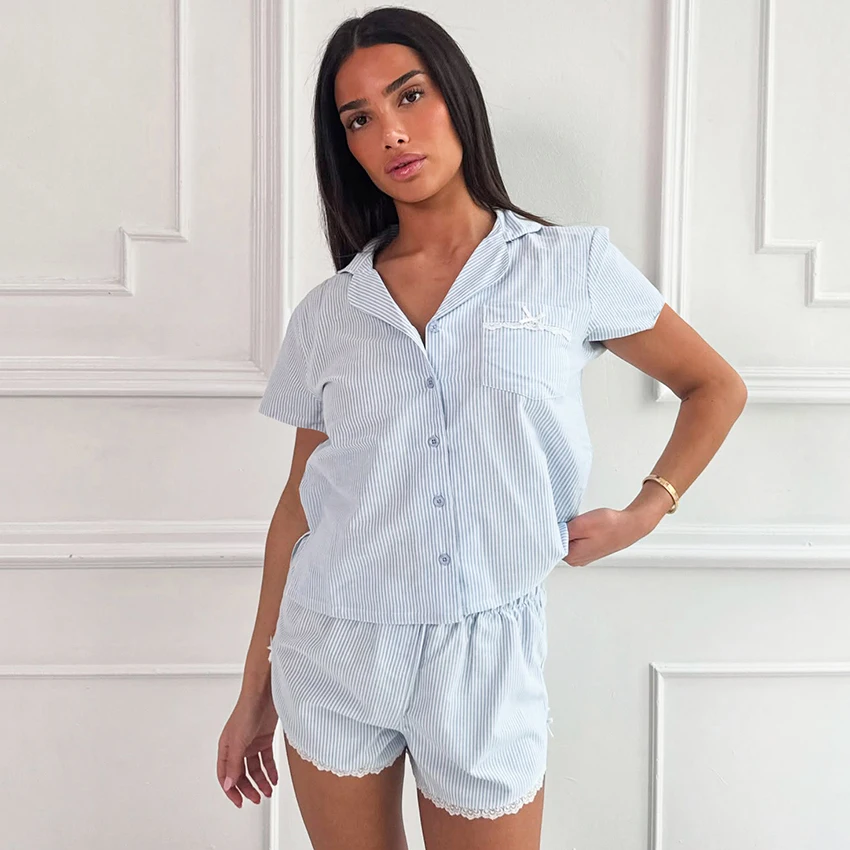 

HiLoc Casual Blue Stripe Lace Suits Pajamas 2026 Home Single Breasted Blouse With Elastic Waist Shorts Two Piece Sets Spring
