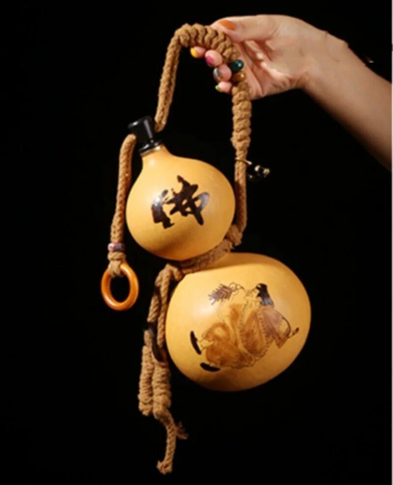 

5" Natural Wine Gourd Carved Ji Gong Buddhist Monk Out Water Calabash Bottle