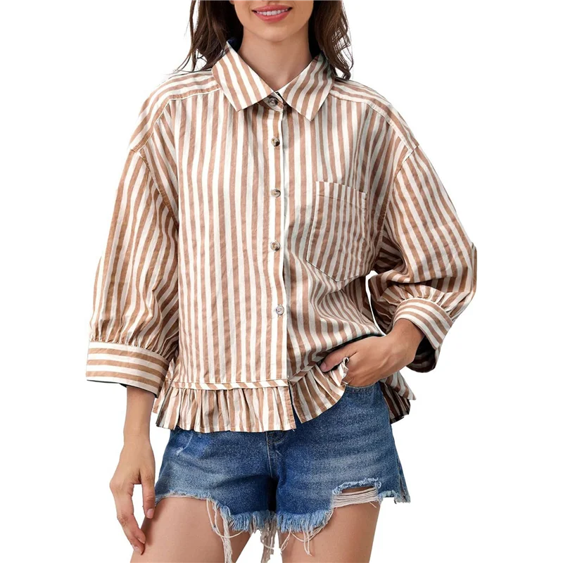 【SEE】Mulher manga 3/4 listrada botão para baixo camisa solta ajuste ombro caído na moda babado bainha blusas listradas topo